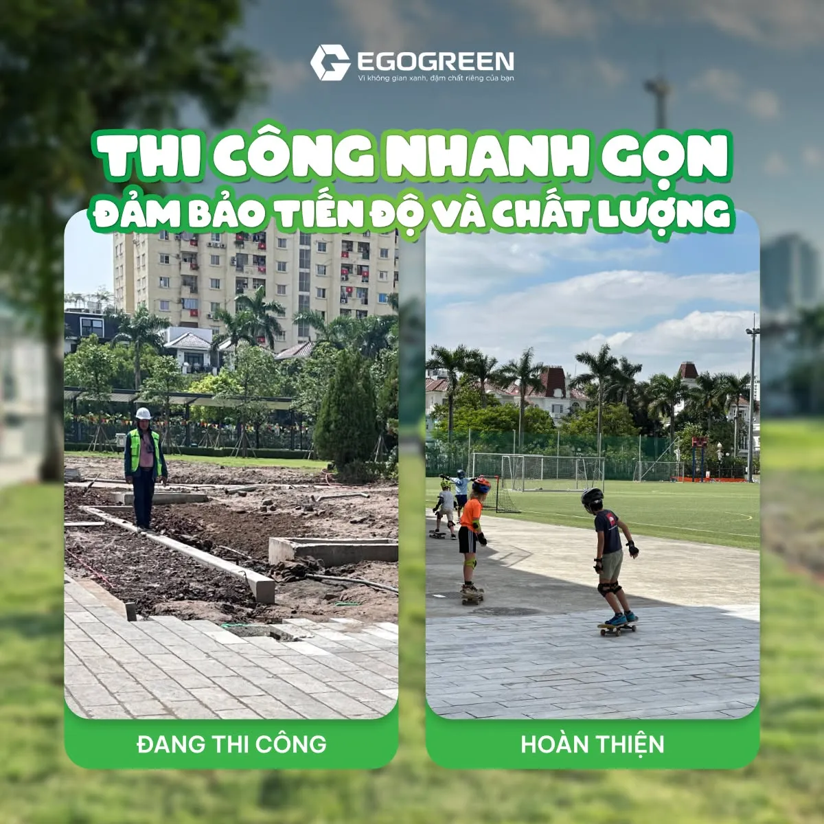Không gian xanh tại Trường Quốc tế UNIS trước và sau khi EGOGREEN hoàn thành thi công. 